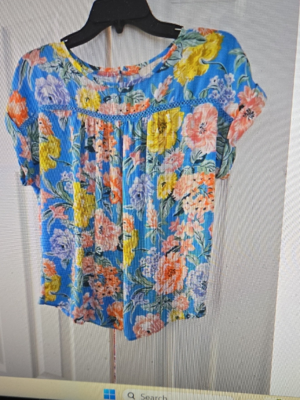 LOFT Blue Floral Short-Sleeve Smocked Yoke Top